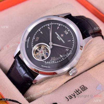 Replica Vacheron Constantin Geneve Tourbillon Watches SS Black Dial Black Leather Band